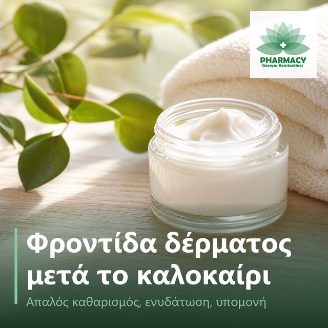Φωτογραφία με βαζάκι ενυδατικής κρέμας και απαλή πετσέτα πάνω σε ξύλινη επιφάνεια, ήρεμη ατμόσφαιρα τέλους καλοκαιριού.