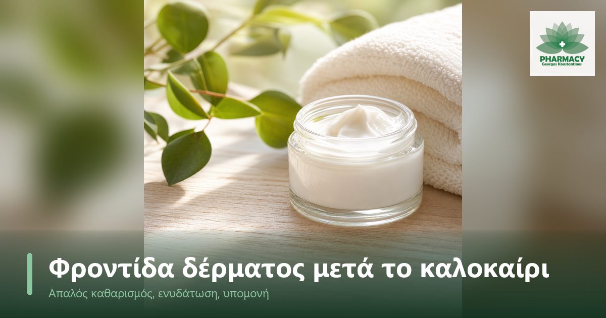 Φωτογραφία με βαζάκι ενυδατικής κρέμας και απαλή πετσέτα πάνω σε ξύλινη επιφάνεια, ήρεμη ατμόσφαιρα τέλους καλοκαιριού.