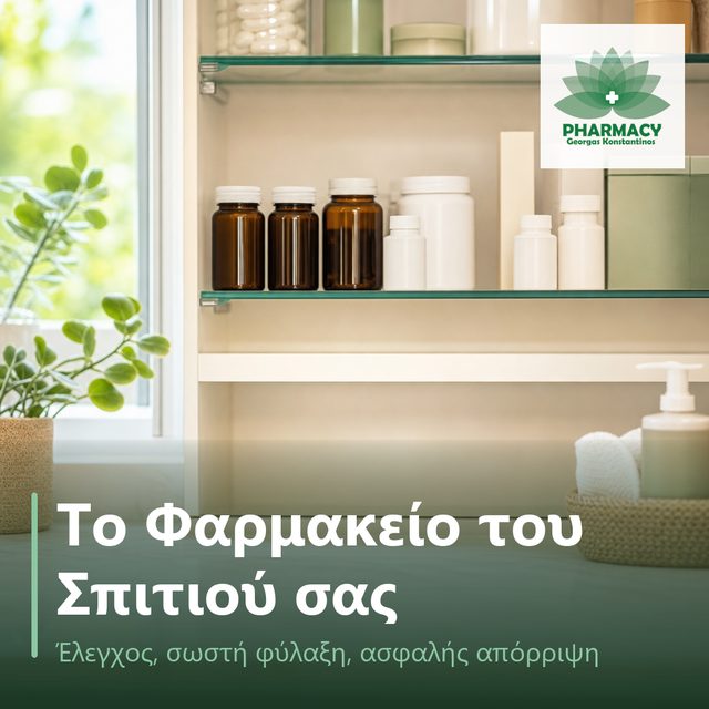 Τακτοποιημένο ντουλαπάκι φαρμακείου σπιτιού με μπουκαλάκια και κουτιά, σε απαλό φυσικό φως.