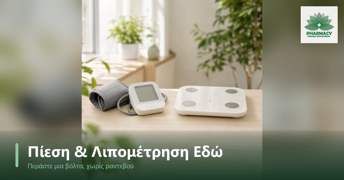 Ήρεμη φωτογραφία σε πράσινες και κρεμ αποχρώσεις με μια συσκευή μέτρησης πίεσης και μια ζυγαριά λιπομέτρησης πάνω σε ξύλινο τραπέζι, με κενό χώρο στο κάτω μέρος για κείμενο.