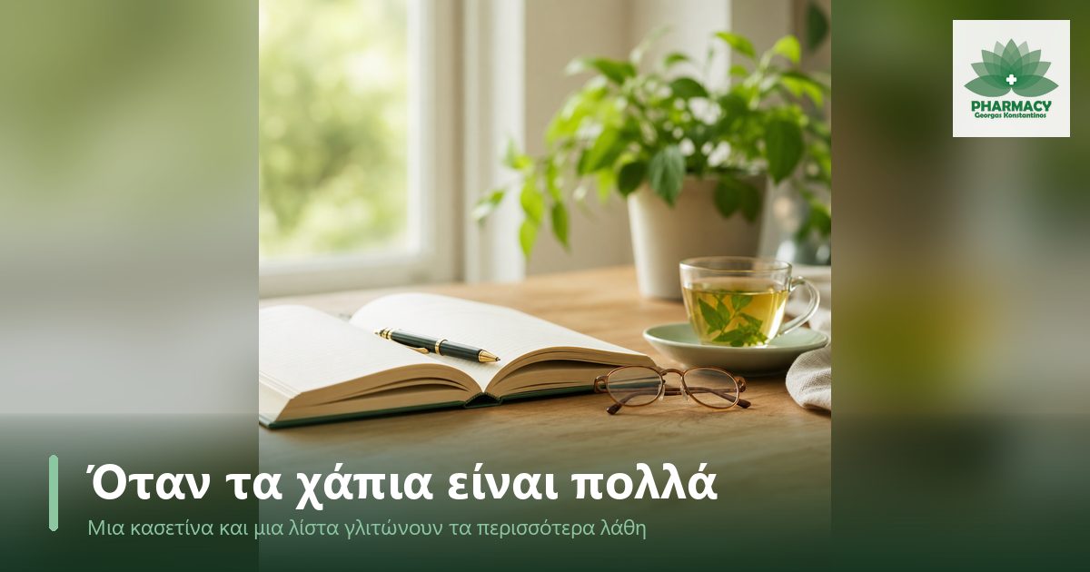 Ανοιχτό σημειωματάριο με στυλό, γυαλιά πρεσβυωπίας και φλιτζάνι τσάι σε ξύλινο τραπέζι κουζίνας με πρωινό φως.