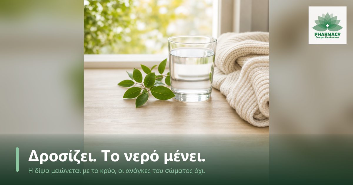 Ένα διάφανο ποτήρι νερό και ένα κλαδάκι με πράσινα φύλλα πάνω σε ανοιχτόχρωμο ξύλινο τραπέζι, δίπλα σε μια κρεμ πλεκτή κουβερτούλα, με απαλό φως φθινοπωρινού πρωινού.