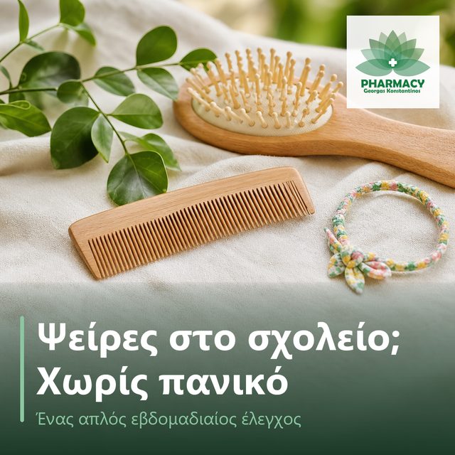 Μια λεπτή ξύλινη χτένα και μια μικρή βούρτσα μαλλιών με ένα χρωματιστό λαστιχάκι πάνω σε κρεμ υφασμάτινη επιφάνεια.